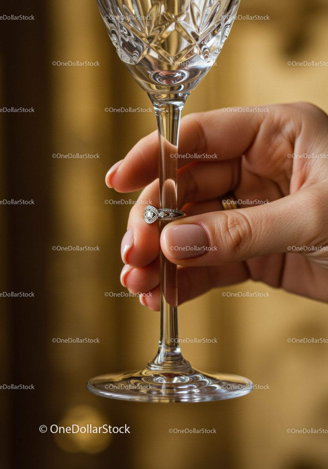 Hand Holding Crystal Glass with Elegant Diamond Ring
