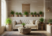 Cozy beige living room with lush green plants