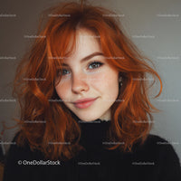 Vibrant Redhead Woman with Curly Hair and Blue Eyes