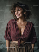 Confident Woman with Curly Hair and Casual Fashion Smiling