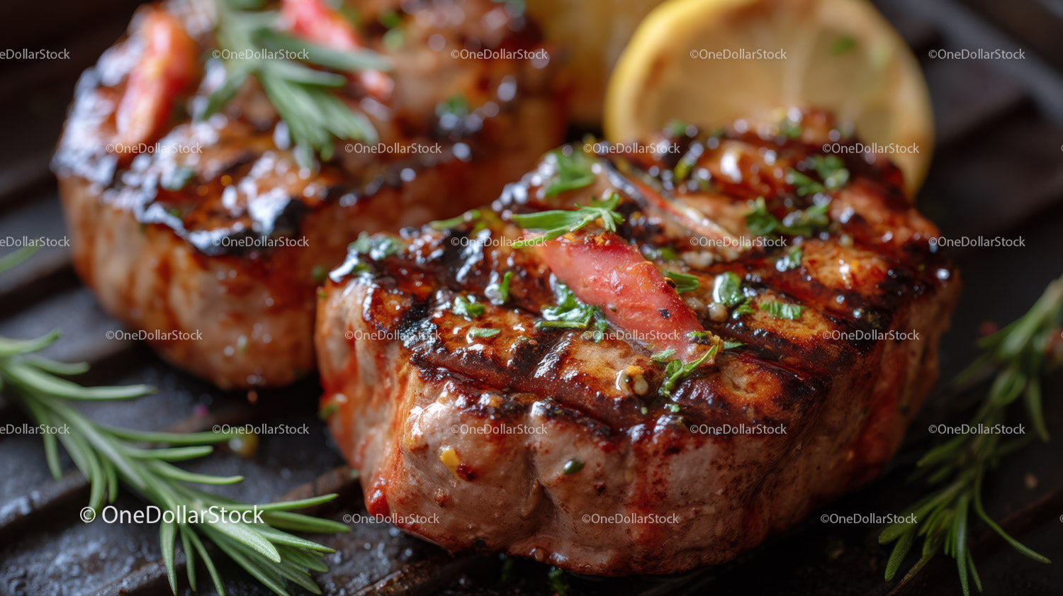Juicy Grilled Steak with Herbs and Lemon Slice