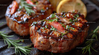 Juicy Grilled Steak with Herbs and Lemon Slice