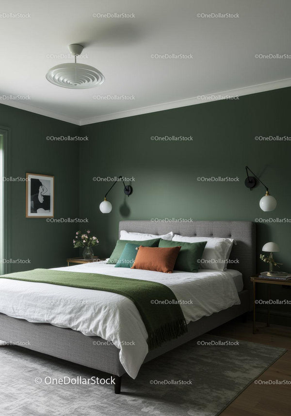 Modern Bedroom with Green Accent Wall and Stylish Decor