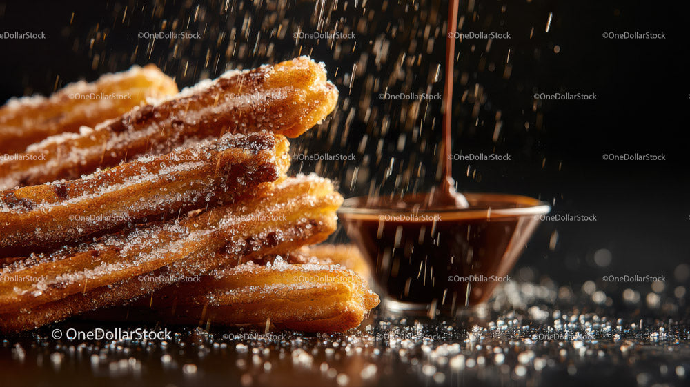 Churros with Chocolate Dipping Sauce in a Close-Up Shot