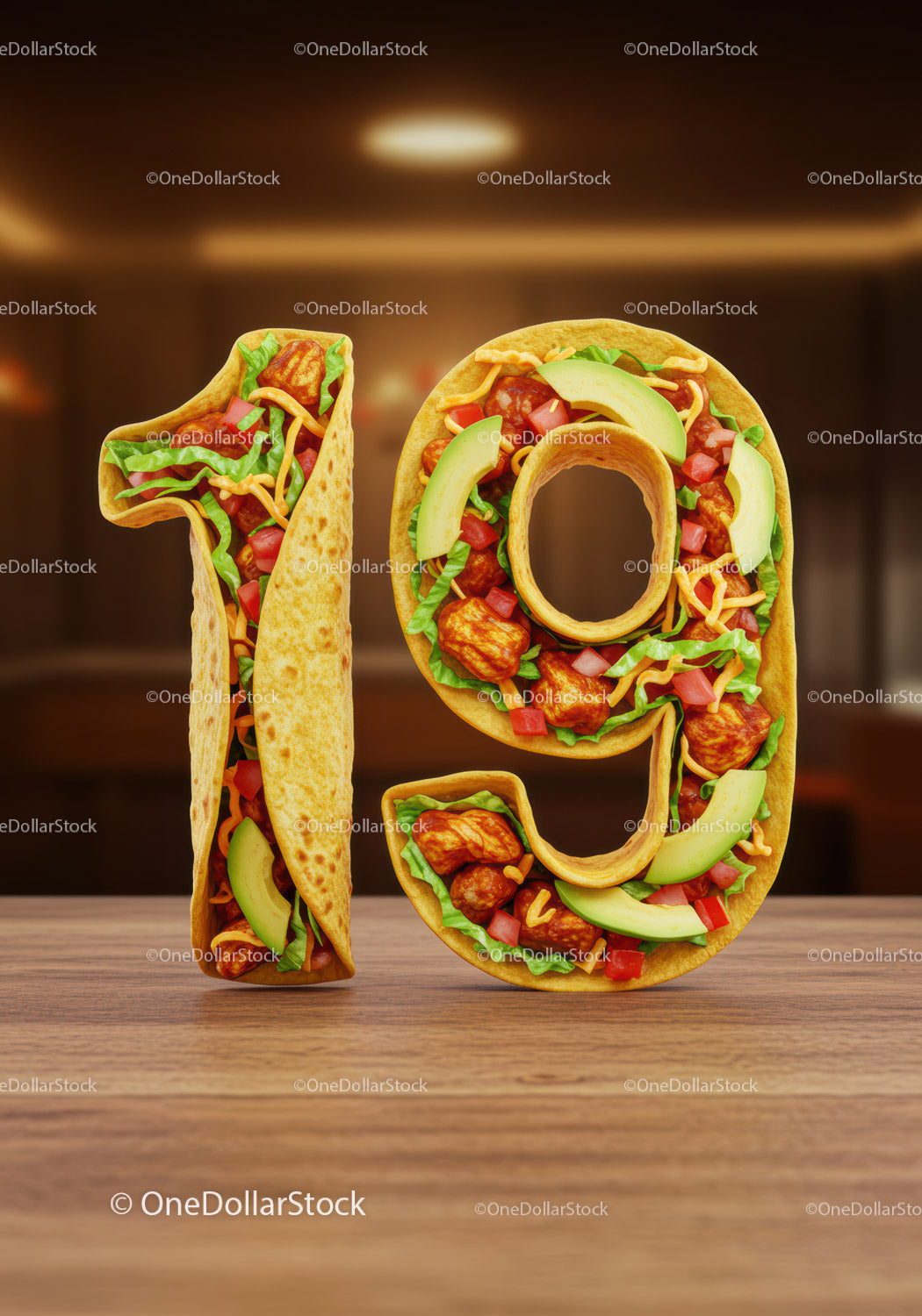 Number 19 Shaped Mexican Tacos with Fresh Ingredients