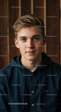 Portrait of a Young Man in Blue Hoodie with Wooden Background