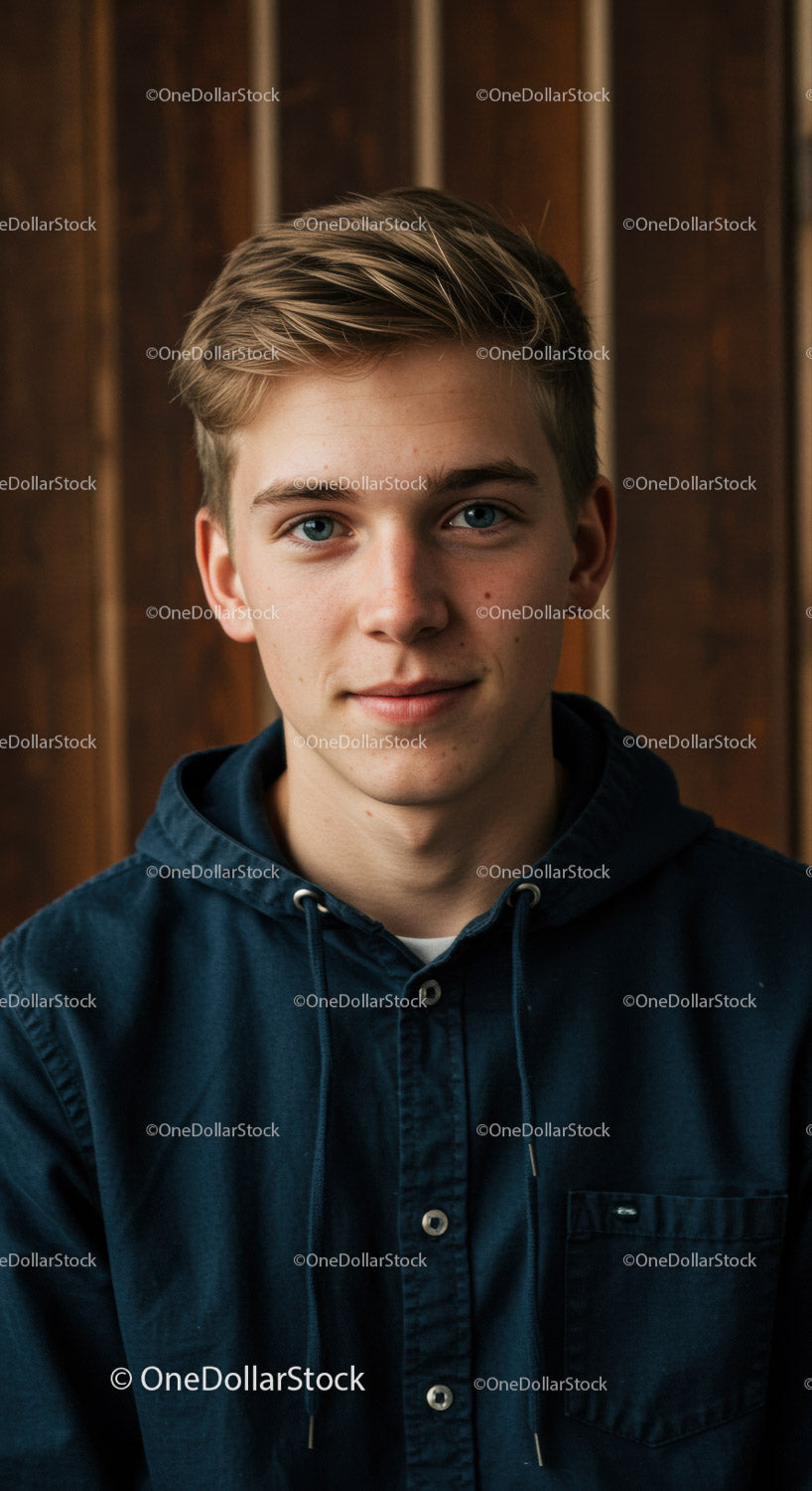Portrait of a Young Man in Blue Hoodie with Wooden Background