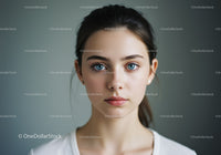 Portrait of Young Woman with Bright Blue Eyes in Modern Studio