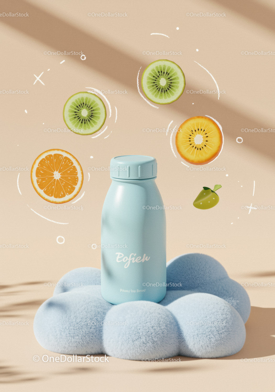 Blue Bottle on Soft Cloud with Fresh Fruit Slices