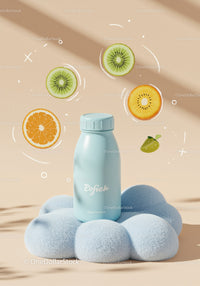 Blue Bottle on Soft Cloud with Fresh Fruit Slices