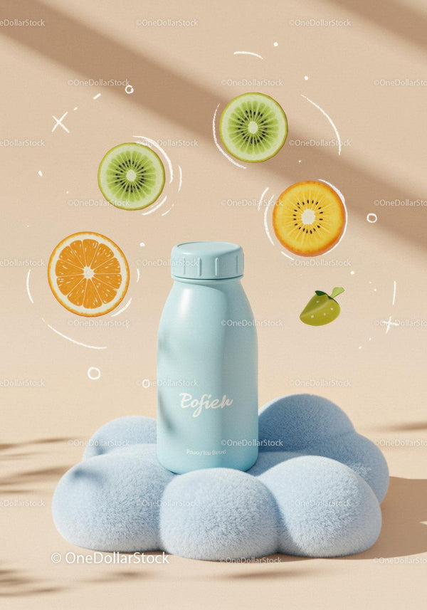 Blue Bottle on Soft Cloud with Fresh Fruit Slices