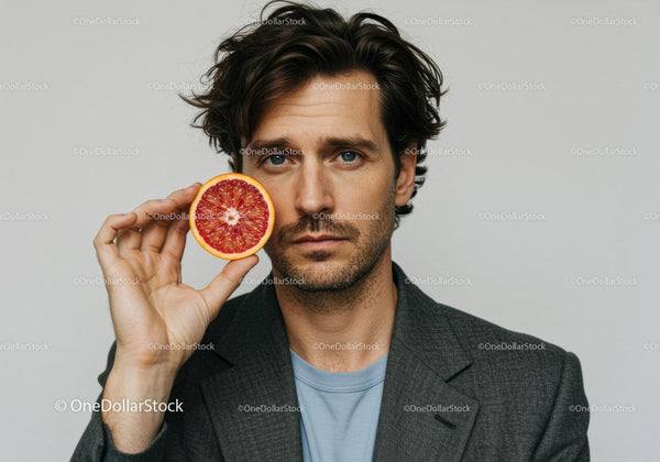 Stylish Man Holding Blood Orange Half in Modern Portrait