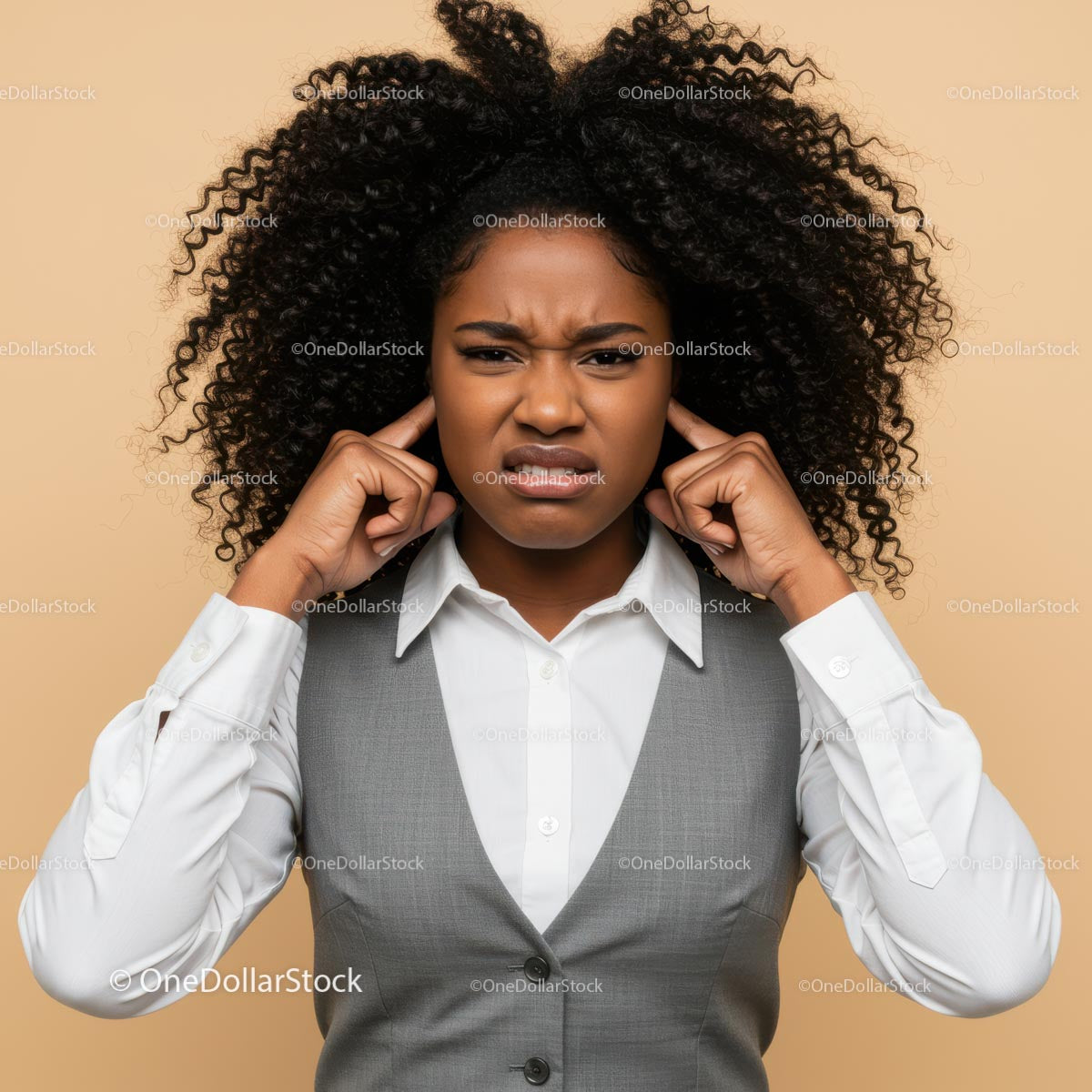 Frustrated Woman Covering Ears with Annoyed Expression