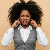 Frustrated Woman Covering Ears with Annoyed Expression