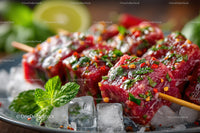 Juicy Beef Skewers with Spicy Marinade Over Ice and Fresh Herbs
