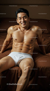 Smiling muscular man relaxing on brown bed linen