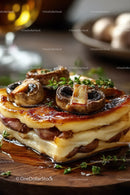 Layered Lasagna with Mushrooms and Herbs on Wooden Board