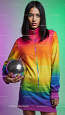 Colorful Rainbow Hoodie Fashion Portrait with Vibrant Background
