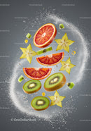 Fresh citrus and tropical fruit slices in water splash