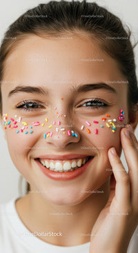 Smiling Young Woman With Colorful Sprinkles On Face