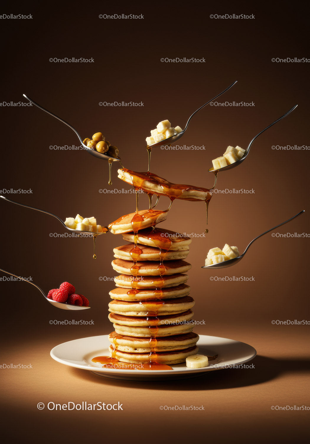 Stack of pancakes dripping golden syrup with fresh fruits