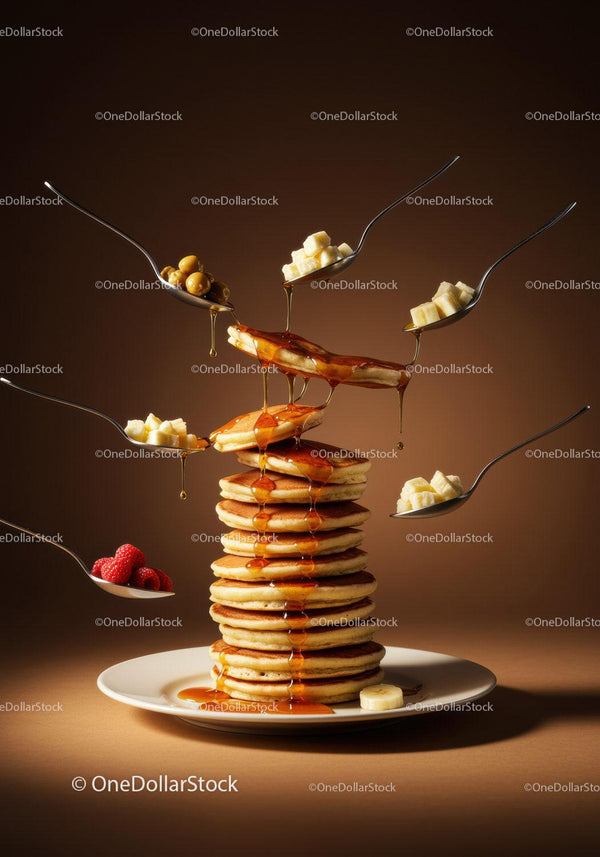 Stack of pancakes dripping golden syrup with fresh fruits
