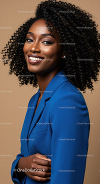 Elegant Black Woman in Blue Blazer with Curly Hair Portrait