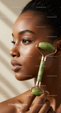 Young Woman Using Jade Roller for Facial Skin Care