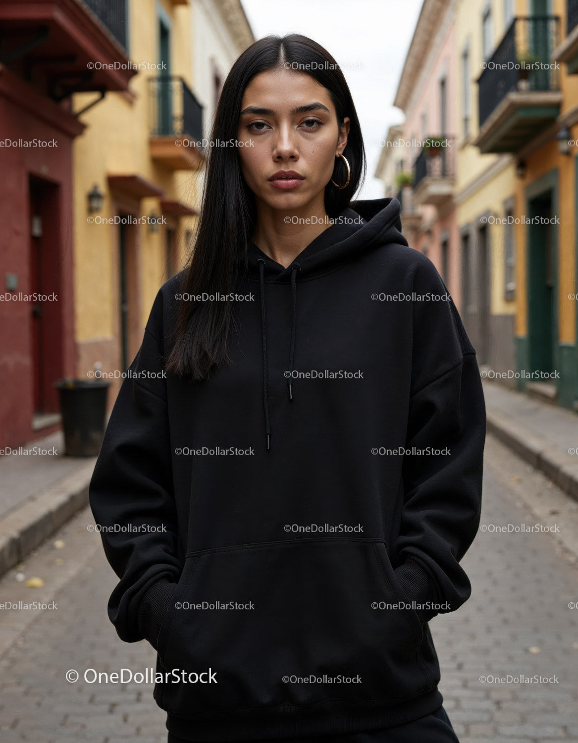 Fashionable Woman Wearing Black Hoodie in Urban City Street