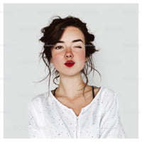 Playful Young Woman Winking with Bright Red Lips and Messy Hair