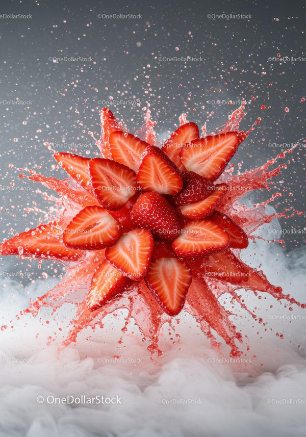 Fresh strawberry slices bursting with water splash