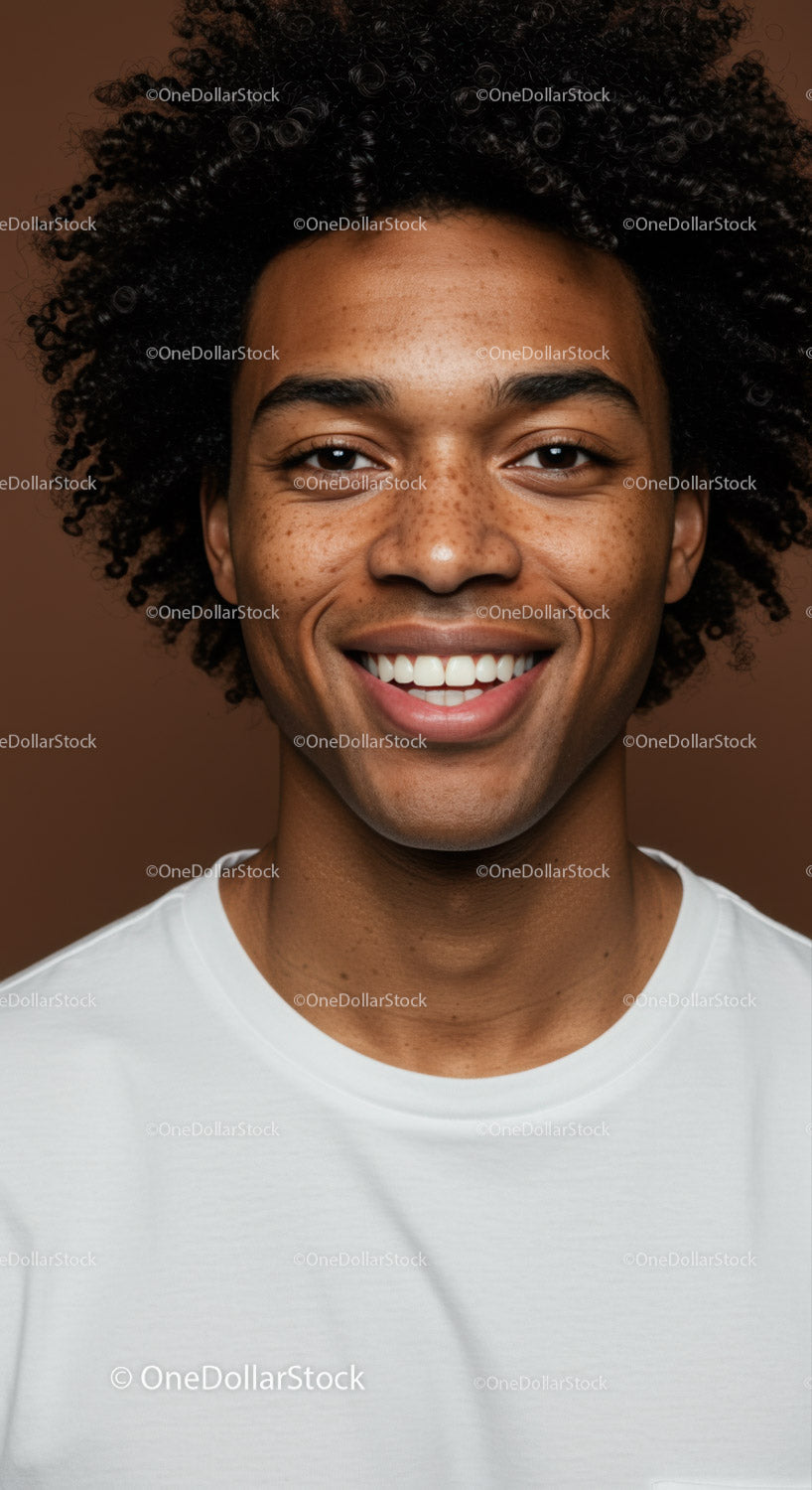 Portrait of a Happy Black Woman with Curly Hair and Freckles