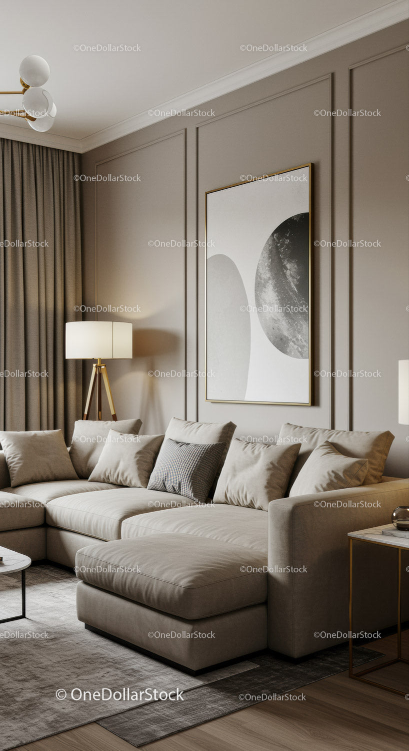 Modern Living Room with Beige Sofa and Minimalist Decor