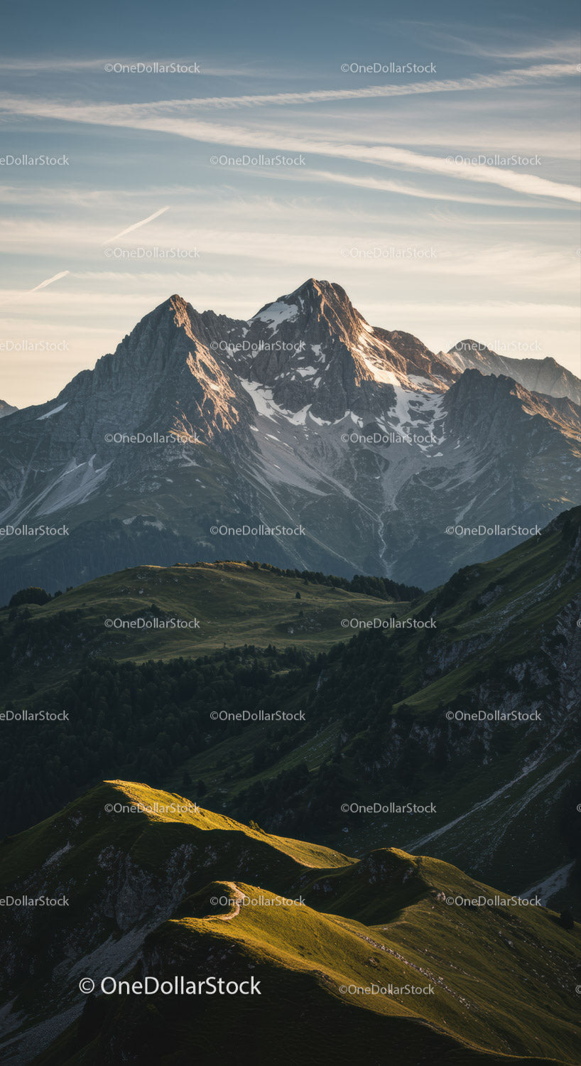 Majestic Snow-Capped Mountain Peak with Green Hills and Dramatic Sky