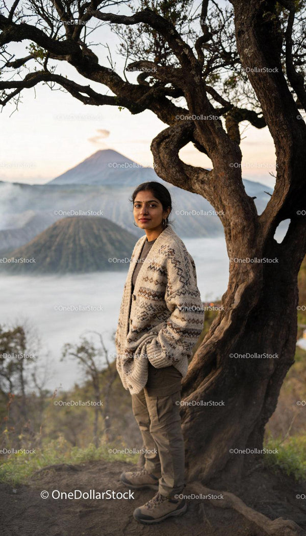 Woman in cozy sweater standing near tree with moutain view