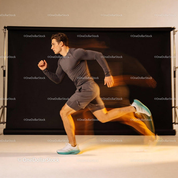 Athlete sprinting intensely in studio with motion blur