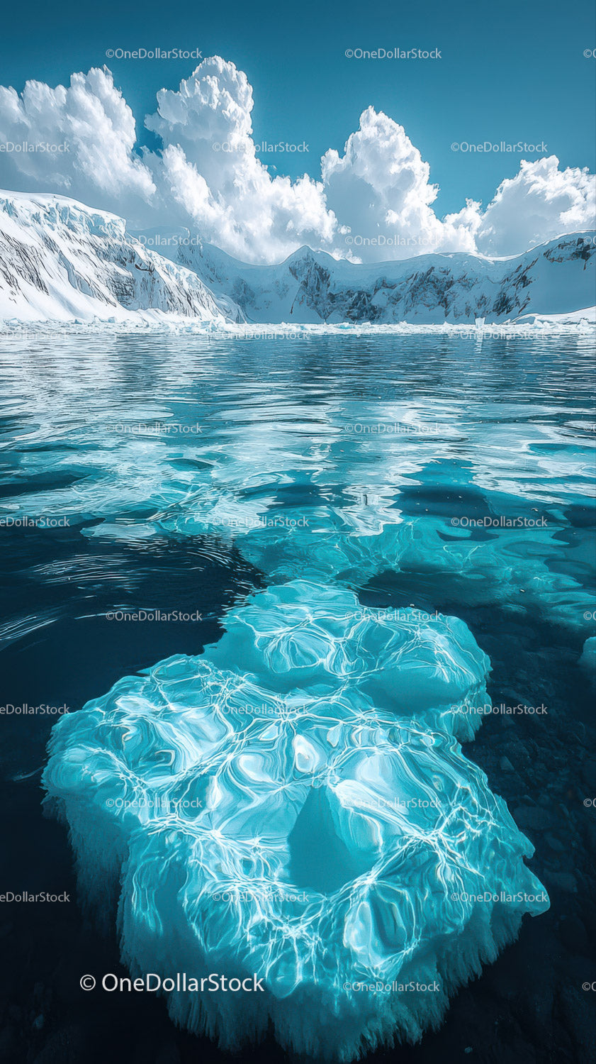 Majestic Arctic Iceberg Floating in Calm Icy Waters with Snowy Mountains