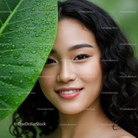 Beautiful Young Woman Smiling Behind Green Tropical Leaves