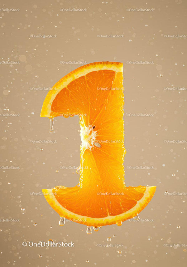 Fresh Orange Slice Shaped As Number One With Droplets