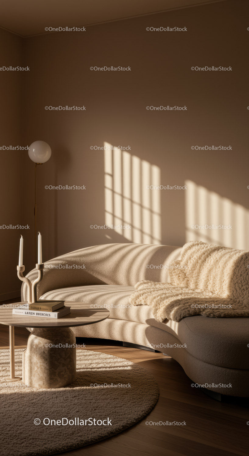 Przytulny beżowy salon z miękkim, naturalnym światłem