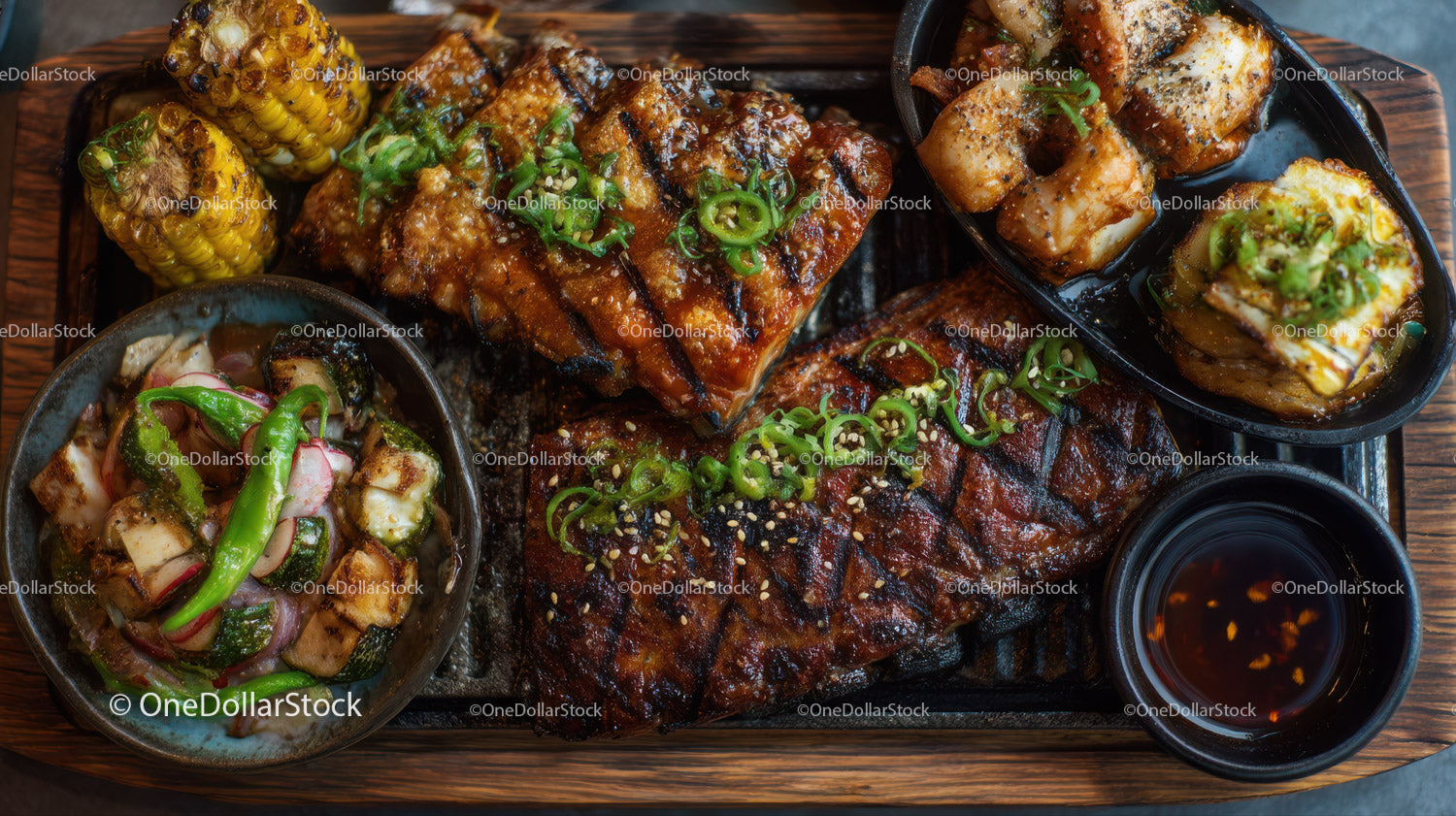 Barbecue Ribs with Grilled Corn and Spicy Asian Salad
