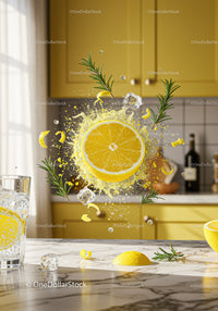Refreshing Lemon Splash with Ice and Rosemary in Kitchen