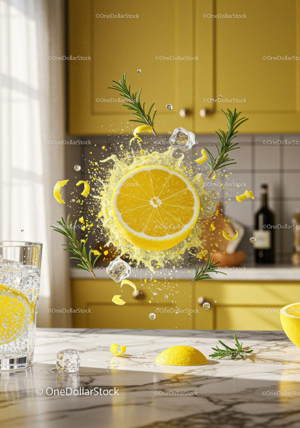 Refreshing Lemon Splash with Ice and Rosemary in Kitchen