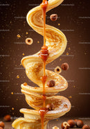 Golden pancakes swirling with caramel and hazelnuts