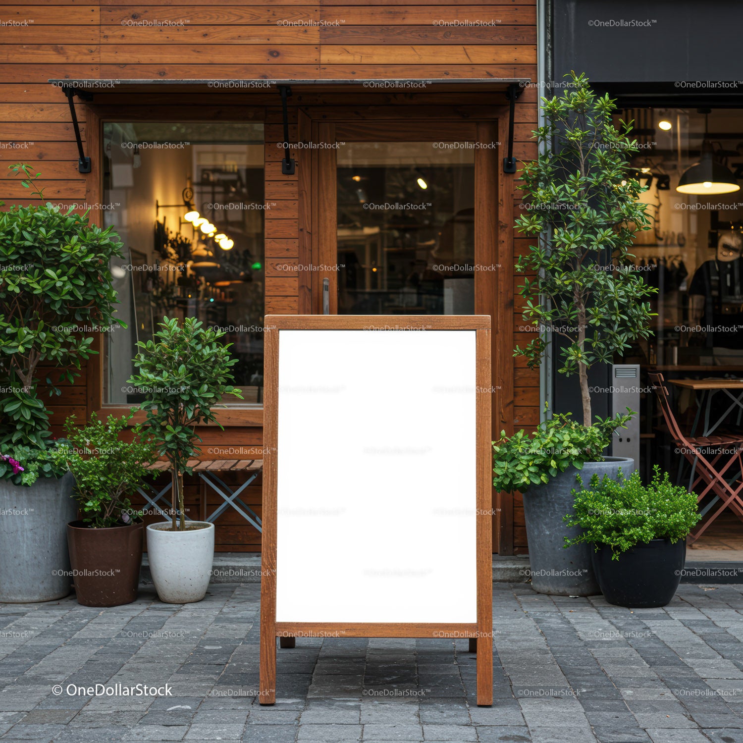Blank Outdoor Wooden Chalkboard Sign by Cozy Cafe Entrance