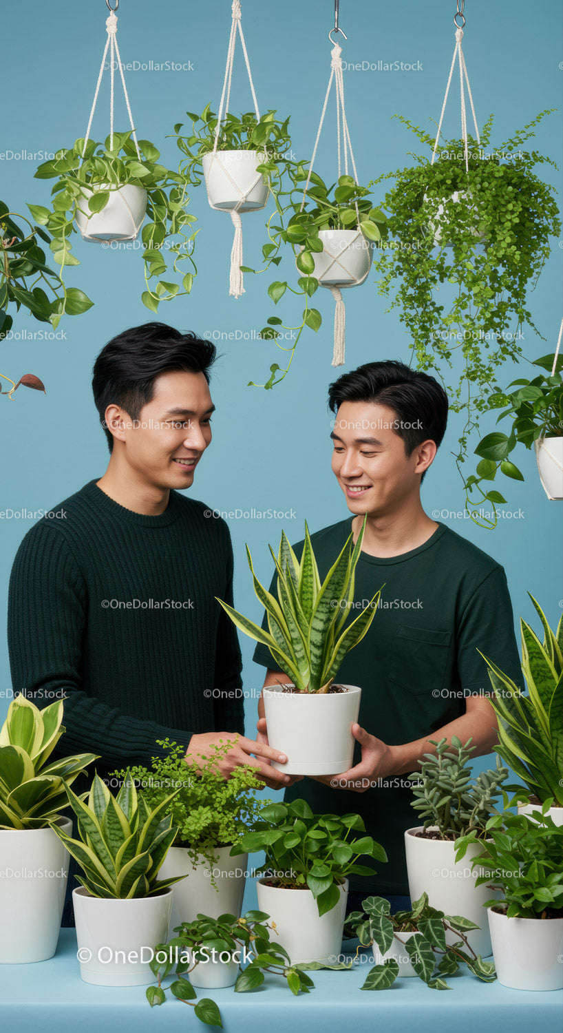 Two men exchanging potted plant among indoor greenery