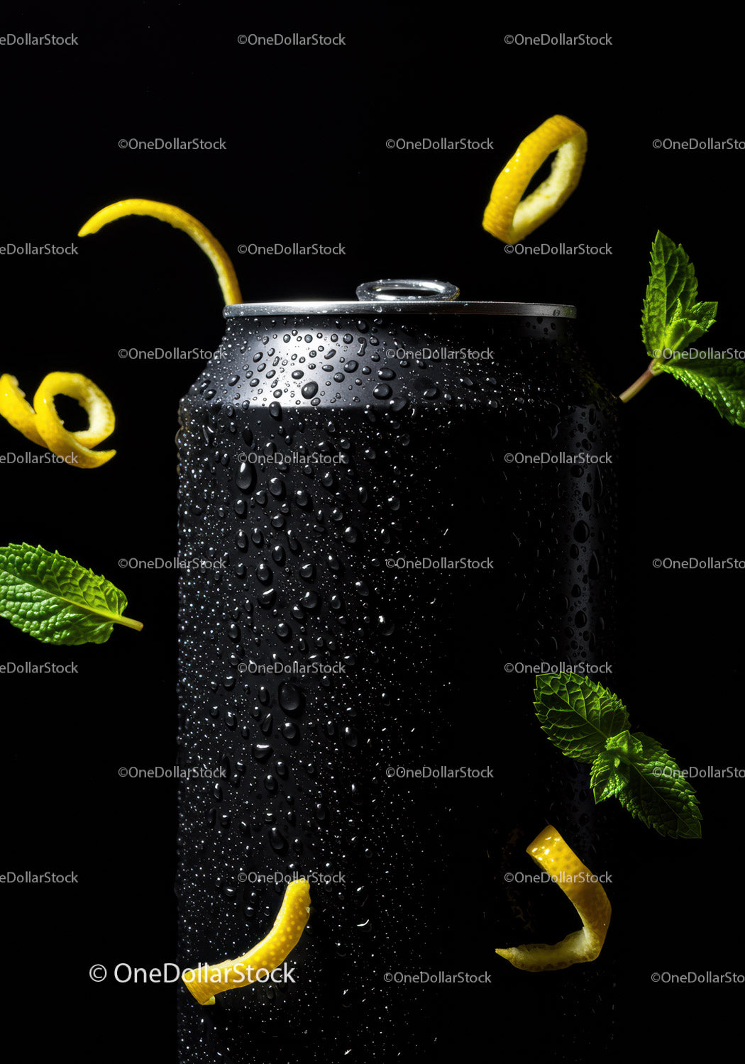 Cold black beverage can with fresh lemon and mint