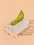 Fresh green leaf resting on textured ice block