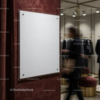 Blank white signboard in stylish clothing store interior
