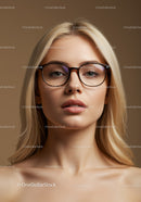 Elegant woman with blonde hair and stylish glasses in portrait